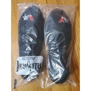 Vintage Dearfoams Slippers Black Velour Embroidered Floral Toe Sz Large 8/9 USA
